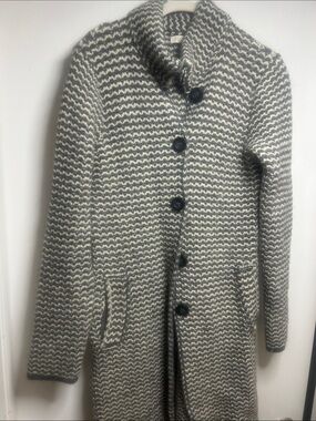 Textured Knit Button-Front Coat in Gray and Cream